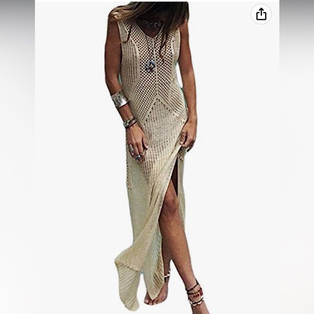 Beige/Tan Crochet Maxi Dress Cover Up